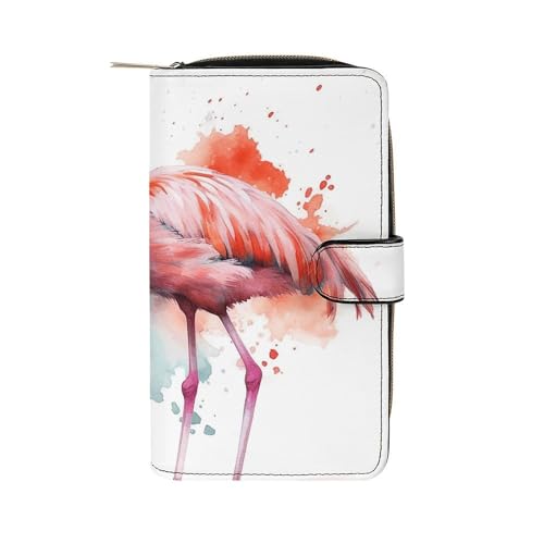 GHBNK Damen Leder Geldbörse Lange Geldbörse für Männer Notenblatt Wristlet Wallets mit 12 Kartenhalter Große Kapazität Münzfach, Aquarell-Flamingo, 19.7x11x3.5cm von GHBNK