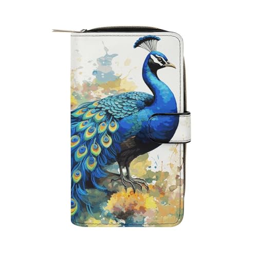 GHBNK Damen Leder Geldbörse Lange Geldbörse für Männer Notenblatt Wristlet Wallets mit 12 Kartenhalter Große Kapazität Münzfach, Pfauen-Aquarellmalerei, 19.7x11x3.5cm von GHBNK