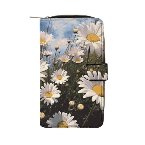 GHBNK Damen Leder Geldbörse Lange Geldbörse für Männer Notenblatt Wristlet Wallets mit 12 Kartenhalter Große Kapazität Münzfach, Schöne Gänseblümchen, 19.7x11x3.5cm von GHBNK