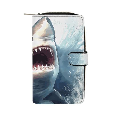 GHBNK Damen Leder Geldbörse Lange Geldbörse für Männer Notenblatt Wristlet Wallets mit 12 Kartenhalter Große Kapazität Münzfach, Shark in the Sea, 19.7x11x3.5cm von GHBNK