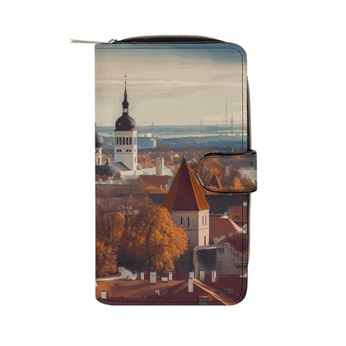 GHBNK Damen Leder Geldbörse Lange Geldbörse für Männer Notenblatt Wristlet Wallets mit 12 Kartenhalter Große Kapazität Münzfach, Tallinn Estland Stadtbild, 19.7x11x3.5cm von GHBNK