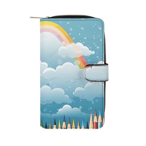 GHBNK Damen Leder Geldbörse Lange Geldbörse für Männer Pflanzenzweige Wristlet Wallets mit 12 Kartenhalter Große Kapazität Münzfach, Regenbogen-Bleistift, 19.7x11x3.5cm von GHBNK