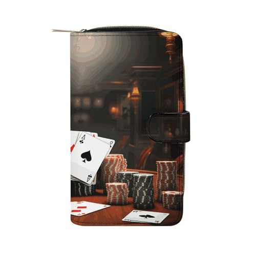 GHBNK Damen Leder Geldbörse Lange Geldbörse für Männer Pomeranian Dog Wristlet Wallets mit 12 Kartenhalter Große Kapazität Münzfach, Pokerturnier, 19.7x11x3.5cm von GHBNK