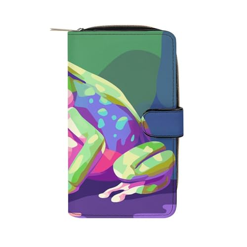 GHBNK Damen Leder Geldbörse Lange Geldbörse für Männer Rot Ball Wristlet Wallets mit 12 Kartenhalter Große Kapazität Münzfach, Grünes Froschmuster, 19.7x11x3.5cm von GHBNK