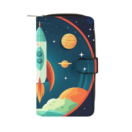 GHBNK Damen Leder Geldbörse Lange Geldbörse für Männer Rot Ball Wristlet Wallets mit 12 Kartenhalter Große Kapazität Münzfach, Raketenflug, 19.7x11x3.5cm von GHBNK