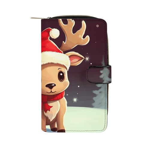 GHBNK Damen Leder Geldbörse Lange Geldbörse für Männer Süße Braun Cartoon Eulen Wristlet Wallets mit 12 Kartenhalter Große Kapazität Münzfach, Niedliches Weihnachts-Rentier, 19.7x11x3.5cm von GHBNK