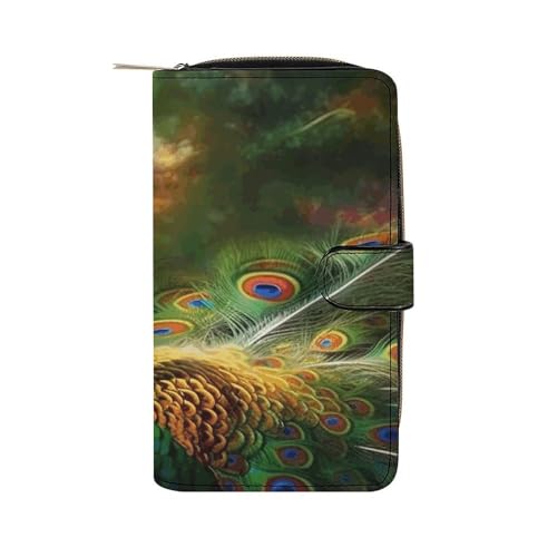 GHBNK Damen Leder Geldbörse Lange Geldbörse für Männer Süße Gelbe Gummi Ente Wristlet Wallets mit 12 Kartenhalter Große Kapazität Münzfach, Bunte Pfau, 19.7x11x3.5cm von GHBNK