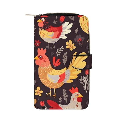 GHBNK Damen Leder Geldbörse Lange Geldbörse für Männer Violine Noten Wristlet Wallets mit 12 Kartenhalter Große Kapazität Münzfach, Niedliche Hahn-Hühner, 19.7x11x3.5cm von GHBNK