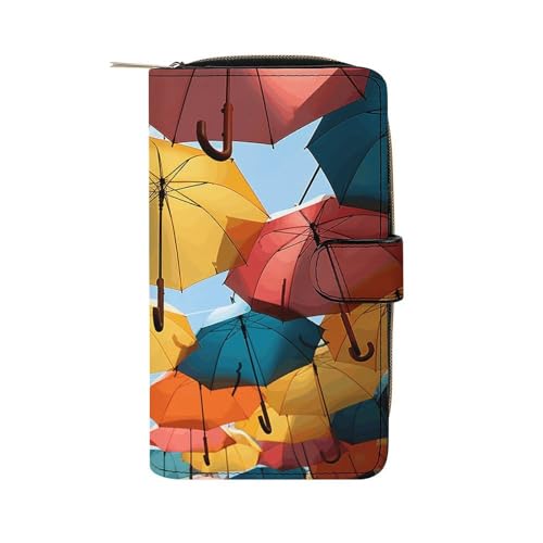 GHBNK Damen Leder Geldbörse Lange Geldbörse für Männer Xmas Schneemann Wristlet Wallets mit 12 Kartenhalter Große Kapazität Münzfach, Farbige Regenschirme, 19.7x11x3.5cm von GHBNK