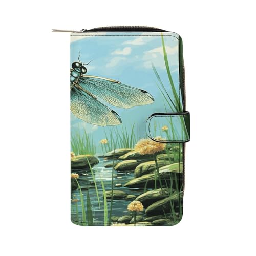 GHBNK Damen Leder Geldbörse Lange Geldbörse für Männer Xmas Schneemann Wristlet Wallets mit 12 Kartenhalter Große Kapazität Münzfach, Libellen im Flug, 19.7x11x3.5cm von GHBNK