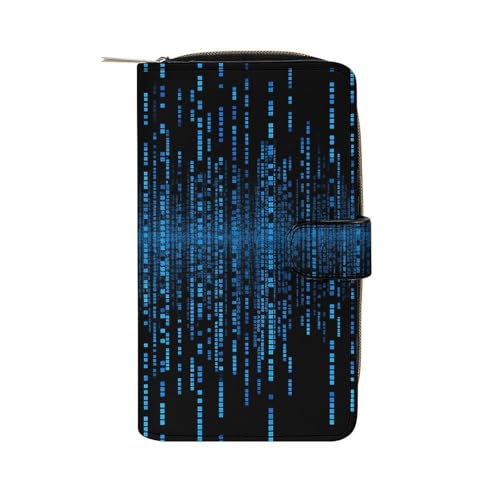 GHBNK Damen Leder Geldbörse Lange Geldbörse für Männer Xmas Schneemann Wristlet Wallets mit 12 Kartenhalter Große Kapazität Münzfach, The Blue Binary Matrix, 19.7x11x3.5cm von GHBNK