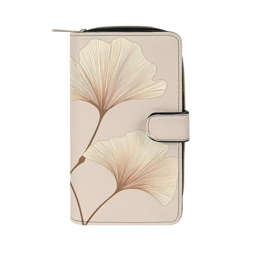 GHBNK Damen Leder Geldbörse Lange Geldbörse für Männer Zwei Stockenten Wristlet Wallets mit 12 Kartenhalter Große Kapazität Münzfach, Braune Ginkgoblätter, 19.7x11x3.5cm von GHBNK