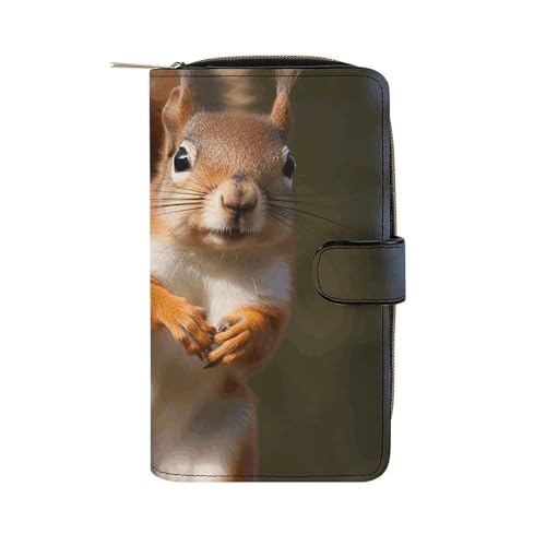 GHBNK Geldbörse Damen Leder Lang Geldbörse für Männer Tier Braun Kuh Wristlet Geldbörsen mit 12 Kartenhalter Große Kapazität Münzfach, Lustiges Eichhörnchen-Tier, 19.7x11x3.5cm von GHBNK