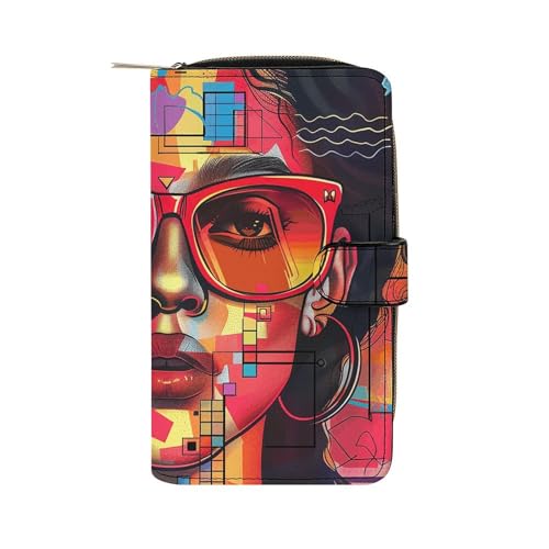 GHBNK Geldbörse Damen Leder Lang Geldbörse für Männer Türkis und Gold Wristlet Geldbörsen mit 12 Kartenhalter Große Kapazität Münzfach, Mädchen mit Sonnenbrille, 19.7x11x3.5cm von GHBNK