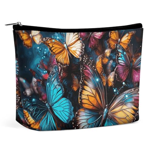 GHBNK Kosmetiktasche mit Muscheln, Seestern am Strand, tragbare Kulturbeutel, Reise-Make-up-Tasche, Make-up-Tasche, Organizer, Lippenstift-Tasche für Damen, Bunte Schmetterlinge, die auf schwarzem B von GHBNK