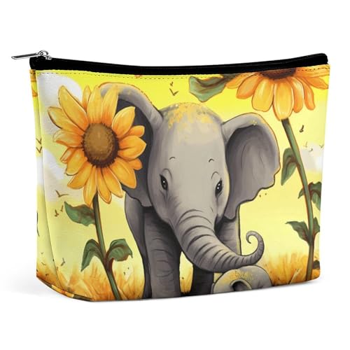 GHBNK Kosmetiktasche mit Muscheln, Seestern am Strand, tragbare Kulturbeutel, Reise-Make-up-Tasche, Make-up-Tasche, Organizer, Lippenstift-Tasche für Damen, Mutter und Baby Elefant Sonnenblumen von GHBNK