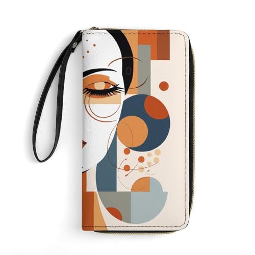 GHBNK Lange Geldbörse mit Handgelenk, kleine Glocke mit Schleife, Ledergeldbörsen mit Reißverschlusshalter, großes Fassungsvermögen, Münzfach, Damen-Clutch, minimalistische Geometrie, 19,7 x 10,5 cm, von GHBNK