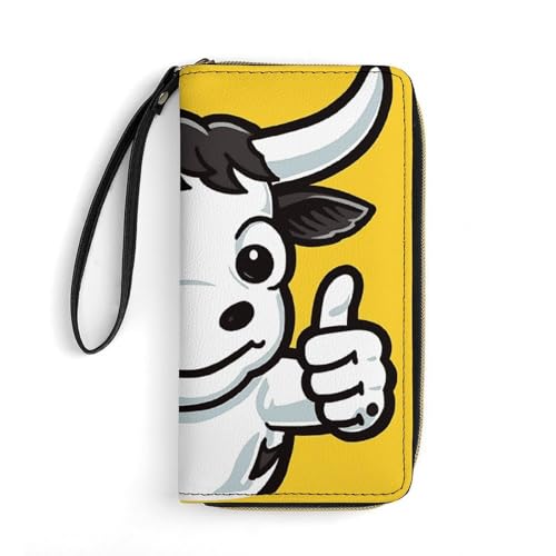 GHBNK Lange Geldbörse mit Handgelenk, konisch, farbiges Papier, Leder, mit Reißverschluss-Halter, großes Fassungsvermögen, Münzfach, Damen-Clutch-Geldbörsen, Kuh gibt Daumen hoch, 19.7x10.5cm von GHBNK