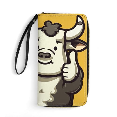 GHBNK Lange Geldbörse mit Handgelenk, konisch, farbiges Papier, Leder, mit Reißverschluss-Halter, großes Fassungsvermögen, Münzfach, Damen-Clutch-Geldbörsen, Kuh winkt Daumen nach oben, 19.7x10.5cm von GHBNK