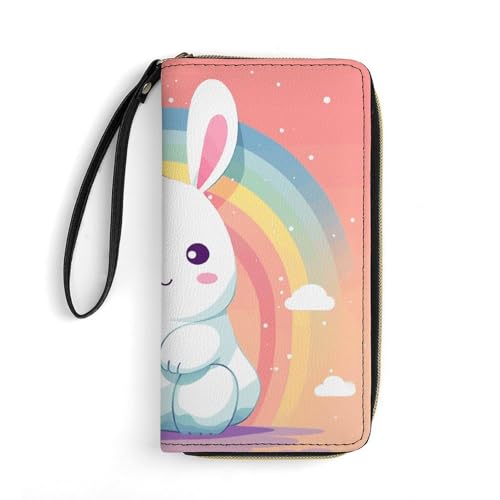 GHBNK Lange Geldbörse mit Handgelenk, konisch, farbiges Papier, Leder, mit Reißverschluss-Halter, großes Fassungsvermögen, Münzfach, Damen-Clutch-Geldbörsen, Niedliches Cartoon-Kaninchen, 19.7x10.5cm von GHBNK