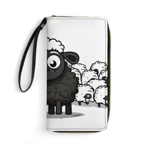 GHBNK Lange Geldbörse mit Handgelenk, zwei Stockenten, Leder, mit Reißverschluss, großes Fassungsvermögen, Münzfach, Damen-Clutch-Geldbörsen, Cartoon schwarz-weißes Schaf, 19.7x10.5cm von GHBNK