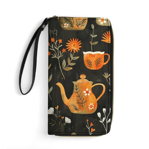 GHBNK Lange Geldbörse mit Handgelenk, zwei Stockenten, Ledergeldbörsen mit Reißverschlusshalter, großes Fassungsvermögen, Münzfach, Damen-Clutch-Geldbörsen, Pflanzen und Teekanne, 19.7x10.5cm von GHBNK