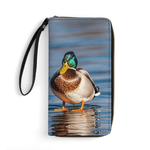 GHBNK Lange Geldbörse mit Handgelenk, zwei Stockenten, Ledergeldbörsen mit Reißverschlusshalter, großes Fassungsvermögen, Münzfach, Damen-Clutch-Geldbörsen, Zwei Stockenten, 19.7x10.5cm von GHBNK