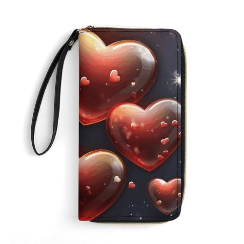 GHBNK Lange Handgelenk-Geldbörsen für Damen, Herzen und Sterne, Ledergeldbörsen mit Reißverschlusshalter, großes Fassungsvermögen, Münzfach, Damen-Clutch-Geldbörsen, Herzform, 19.7x10.5cm von GHBNK