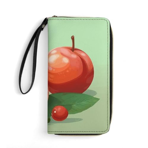 GHBNK Lange Handgelenk-Geldbörsen für Damen, orangefarbene Flasche Wasser, Ledergeldbörsen mit Reißverschluss-Halter, großes Fassungsvermögen, Münzfach, Damen-Clutch-Geldbörsen, Pfirsichfrucht, von GHBNK