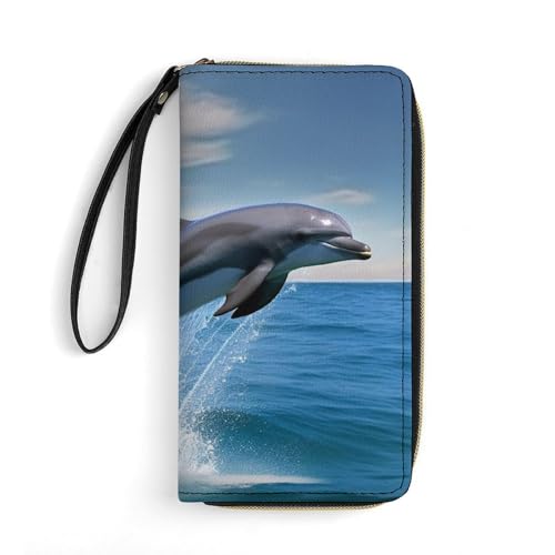 GHBNK Lange Handgelenk-Geldbörsen für Damen, visuelle Illusion, Ledergeldbörsen mit Reißverschlusshalter, großes Fassungsvermögen, Münzfach, Damen-Clutch-Geldbörsen, Jumping Up Dolphins, 19.7x10.5cm von GHBNK