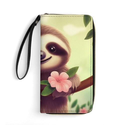 GHBNK Lange Handgelenk-Geldbörsen für Damen, visuelle Illusion, Ledergeldbörsen mit Reißverschlusshalter, großes Fassungsvermögen, Münzfach, Damen-Clutch-Geldbörsen, Niedliche Faultier, 19.7x10.5cm von GHBNK