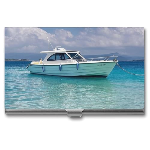 GHBNK Visitenkartenhalter, Camel Desert Kreditkartenhalter, professionell, schmal, mit Schnalle, Aluminiumlegierung, Metall, Visitenkarten-Organizer für Damen und Herren, Weißes Boot auf blauem Meer von GHBNK