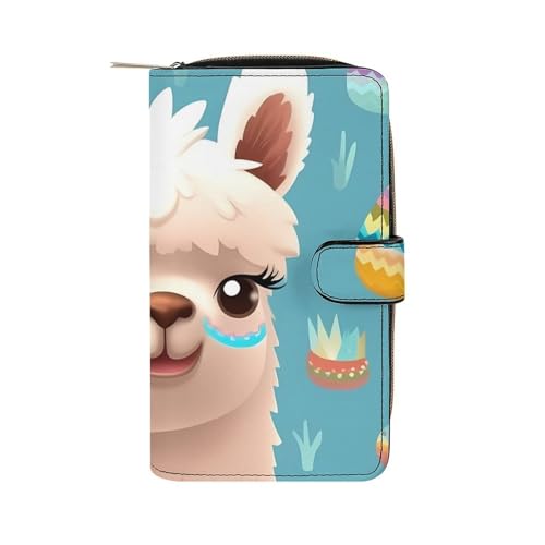 Geldbörse Damen Leder Lang Geldbörse für Männer Zwei Delfine im Wasser Wristlet Geldbörsen mit 12 Kartenhalter Große Kapazität Münzfach, Alpaka-Muster, 19.7x11x3.5cm von GHBNK