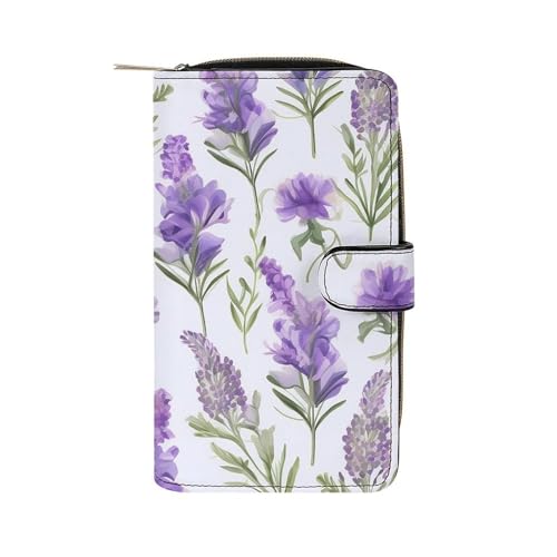 Geldbörse Damen Leder Lang Geldbörse für Männer Zwei Delfine im Wasser Wristlet Geldbörsen mit 12 Kartenhalter Große Kapazität Münzfach, Lavendelblüten, 19.7x11x3.5cm von GHBNK