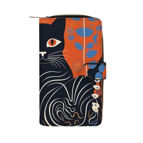 Geldbörse Damen Leder Lang Geldbörse für Männer Zwei Delfine im Wasser Wristlet Geldbörsen mit 12 Kartenhalter Große Kapazität Münzfach, Orangefarbenes Katzenmuster, 19.7x11x3.5cm von GHBNK