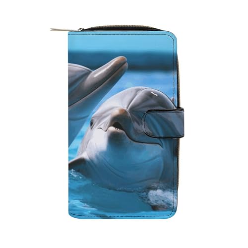 Geldbörse Damen Leder Lang Geldbörse für Männer Zwei Delfine im Wasser Wristlet Geldbörsen mit 12 Kartenhalter Große Kapazität Münzfach, Zwei Delfine im Wasser, 19.7x11x3.5cm von GHBNK