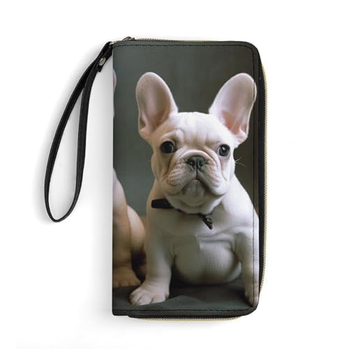 Lange Geldbörse mit Handgelenk, zwei Delfine im Wasser, Ledergeldbörsen mit Reißverschlusshalter, großes Fassungsvermögen, Münzfach, Damen-Clutch-Geldbörsen, Französische Bulldogge Welpen, 19.7x10.5cm von GHBNK