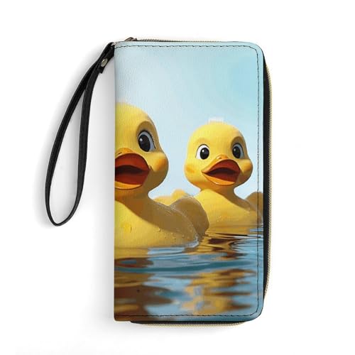 Lange Geldbörse mit Handgelenk, zwei Delfine im Wasser, Ledergeldbörsen mit Reißverschlusshalter, großes Fassungsvermögen, Münzfach, Damen-Clutch-Geldbörsen, Süße gelbe Gummiente, 19.7x10.5cm von GHBNK