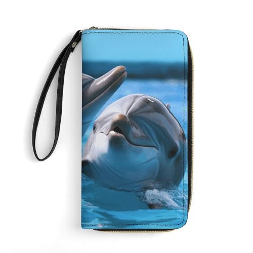 Lange Geldbörse mit Handgelenk, zwei Delfine im Wasser, Ledergeldbörsen mit Reißverschlusshalter, großes Fassungsvermögen, Münzfach, Damen-Clutch-Geldbörsen, Zwei Delfine im Wasser, 19.7x10.5cm von GHBNK