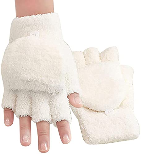 GHCXY Unisex-Erwachsene Fäustlinge Damen Handschuhe Mode Warm Fäustlinge Flauschig Winter Einfach Glamourös Einfarbig Winddicht Outdoor Fingerlos Handschuhe Weiß M von GHCXY