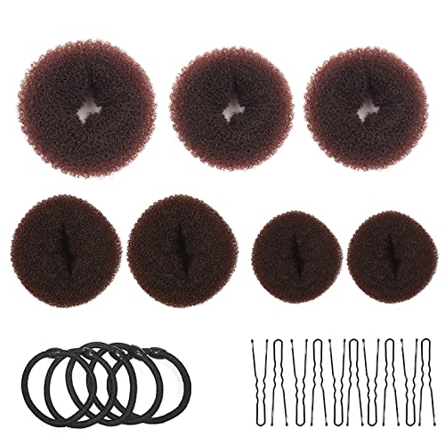 Donut Hair Bun Maker Set 7 Stück - Frisurenhilfe Set mit 5 elastischen Haarband, 10 U-Form Haarspange Haarnadel, Haarknoten Former Set für Kinder Mädchen Frauen, Braun von GHEART