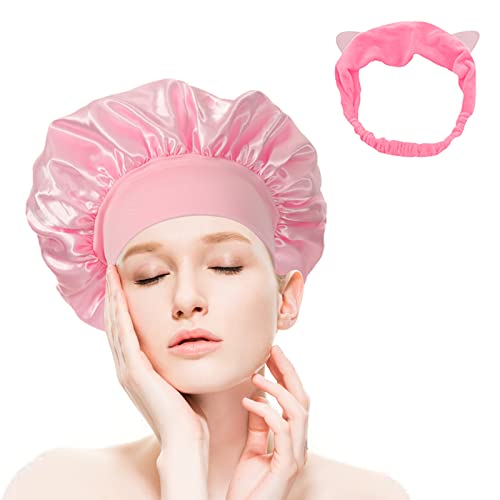 GHEART Schlafmütze Satin, Satin Bonnet Schlafhaube, Stirnband-Make-up für Frauen, Verstellbar Seide Haube Weiche Satin Kappe, für Damen und Mädchen lockiges Haar (Rosa) von GHEART