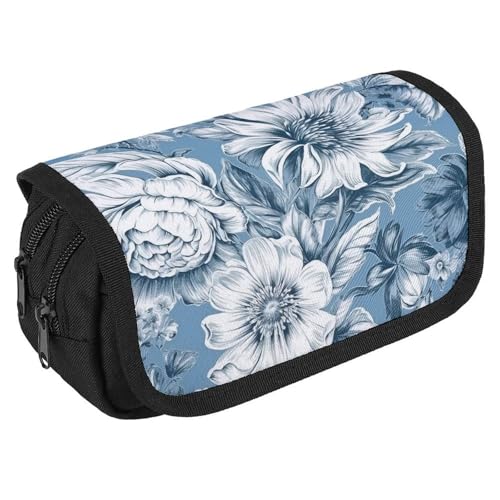 Federmäppchen, Blumenmuster, Blau und Weiß, großes Fassungsvermögen, niedliches Stifteetui mit 3 Fächern, Bürobedarf, große Bleistifttasche mit Reißverschluss, Stoffstifttasche für Erwachsene Federmäppchen, Blumenmuster, Blau und Weiß, großes Fassungsvermögen, niedliches Stifteetui mit 3 Fächern, Bürobedarf, große Bleistifttasche mit Reißverschluss, Stoffstifttasche für Erwachsene von GHENBLT
