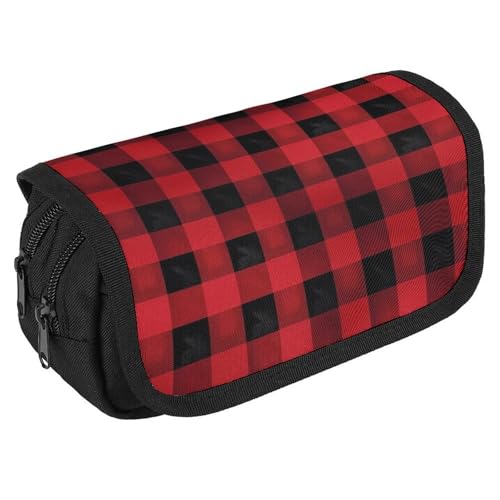 Federmäppchen, Büffelkaro, großes Fassungsvermögen, niedliches Stifteetui mit 3 Fächern, Bürobedarf, großes Federmäppchen mit Reißverschluss, Stoffstifttasche für Erwachsene, tragbare Make-up-Tasche von GHENBLT