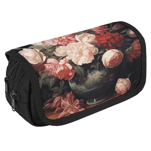 Federmäppchen mit Pfingstrosen und Rose, großes Fassungsvermögen, niedliches Stifteetui mit 3 Fächern, Bürobedarf, große Bleistifttasche mit Reißverschluss, Stoffstifttasche für Erwachsene, tragbare von GHENBLT