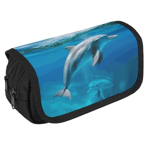 Federmäppchen mit schwimmendem Delfin im blauen Meer, großes Fassungsvermögen, niedliches Stifteetui mit 3 Fächern, Bürobedarf, große Bleistifttasche mit Reißverschluss, Stoffstifttasche für Federmäppchen mit schwimmendem Delfin im blauen Meer, großes Fassungsvermögen, niedliches Stifteetui mit 3 Fächern, Bürobedarf, große Bleistifttasche mit Reißverschluss, Stoffstifttasche für von GHENBLT