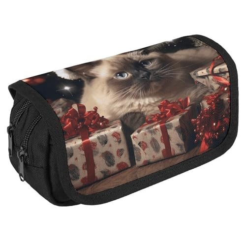 Federmäppchen mit weihnachtlicher siamesischer Katze, großes Fassungsvermögen, niedliches Stifteetui mit 3 Fächern, Bürobedarf, großes Federmäppchen mit Reißverschluss, Stoffstifttasche für Erwachsene von GHENBLT