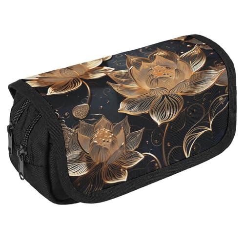 GHENBLT Boho Federmäppchen mit goldfarbenen Blumen, großes Fassungsvermögen, niedliches Stifteetui mit 3 Fächern, Bürobedarf, große Bleistifttasche mit Reißverschluss, Stoffstifttasche für Erwachsene von GHENBLT