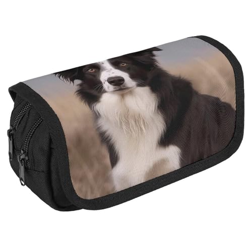 GHENBLT Border Collie Federmäppchen, Organizer, großes Fassungsvermögen, niedliches Stifteetui mit 3 Fächern, Bürobedarf, große Bleistifttasche mit Reißverschluss, Stoffstifttasche für Erwachsene von GHENBLT