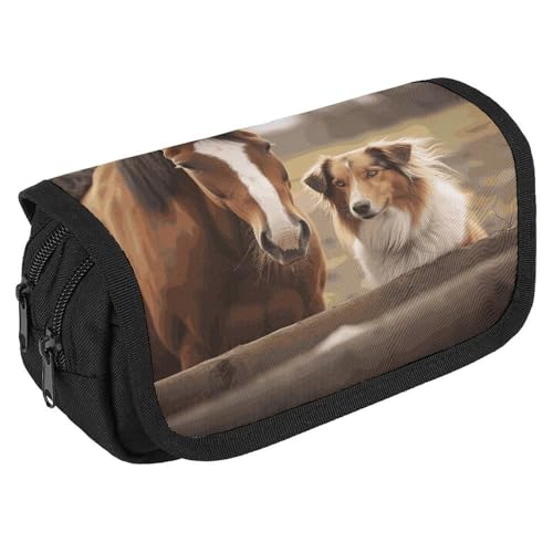 GHENBLT Collie Federmäppchen mit Hund, Pferd, großes Fassungsvermögen, niedliches Stifteetui mit 3 Fächern, Bürobedarf, große Federmäppchen mit Reißverschluss, Stoffstifttasche für Erwachsene von GHENBLT